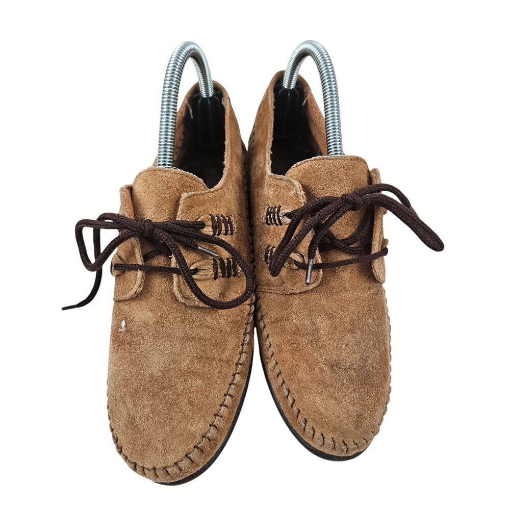 Coach And Four Tan Suede Womens Moccasins Size 9 Brown Laces Rubber Sole Flats - Picture 4 of 9